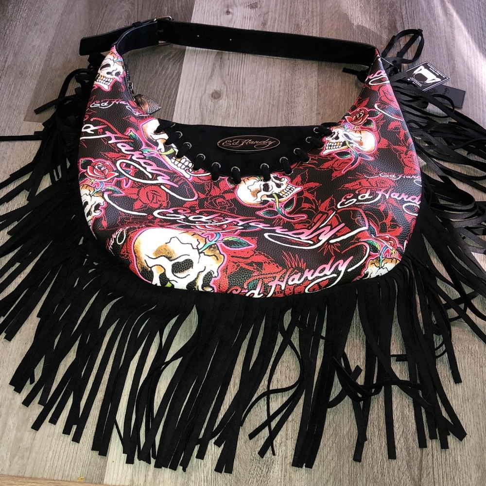 Ed Hardy Red, Black, Pink & White Skull & Rose Print Black Fringe Hobo Bag NWT